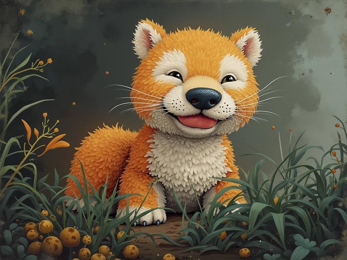 Fluffy Orange Dog in Lush Green Floral Setting