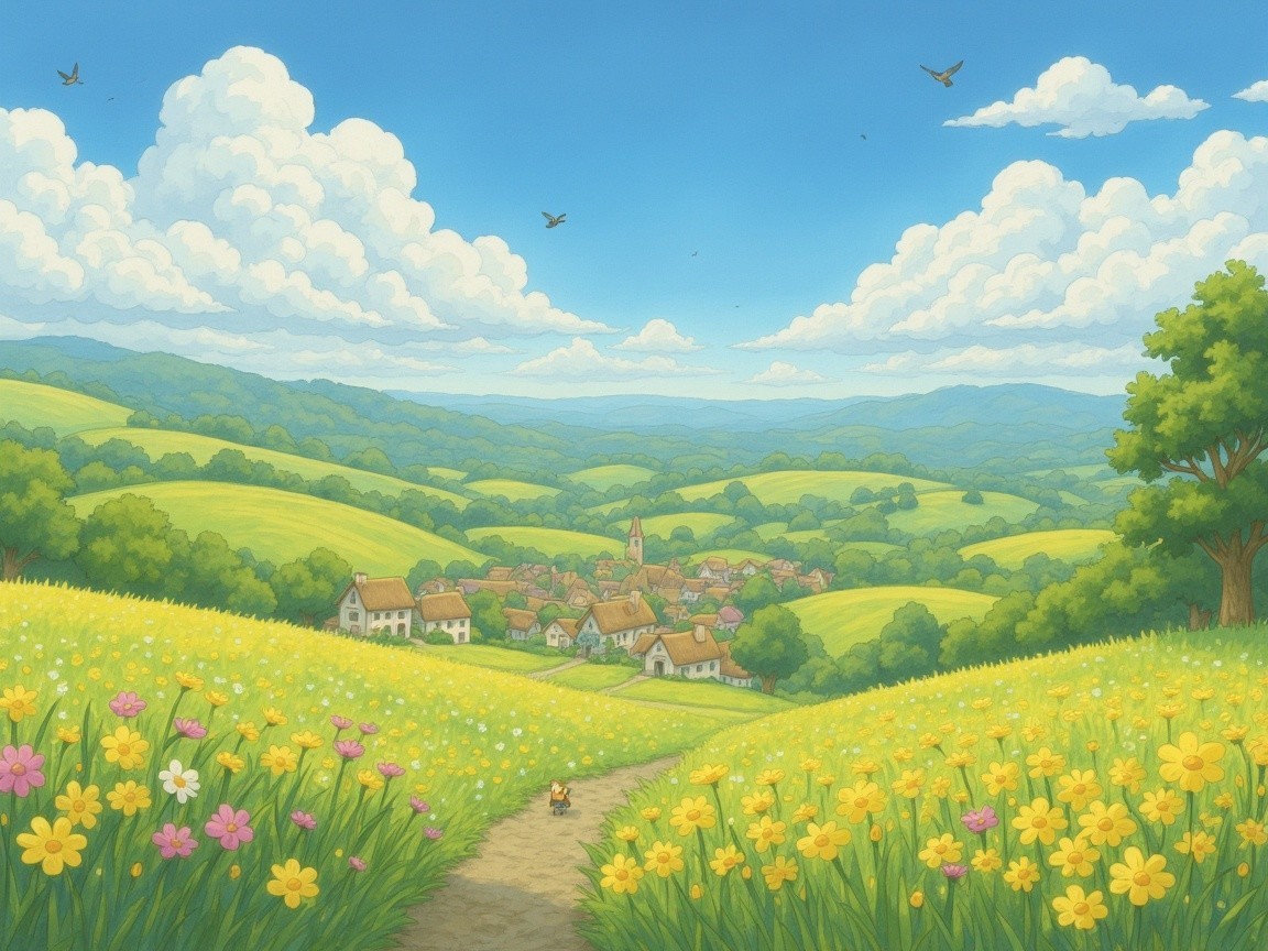 Vibrant Village Landscape with Green Hills and Flowers
