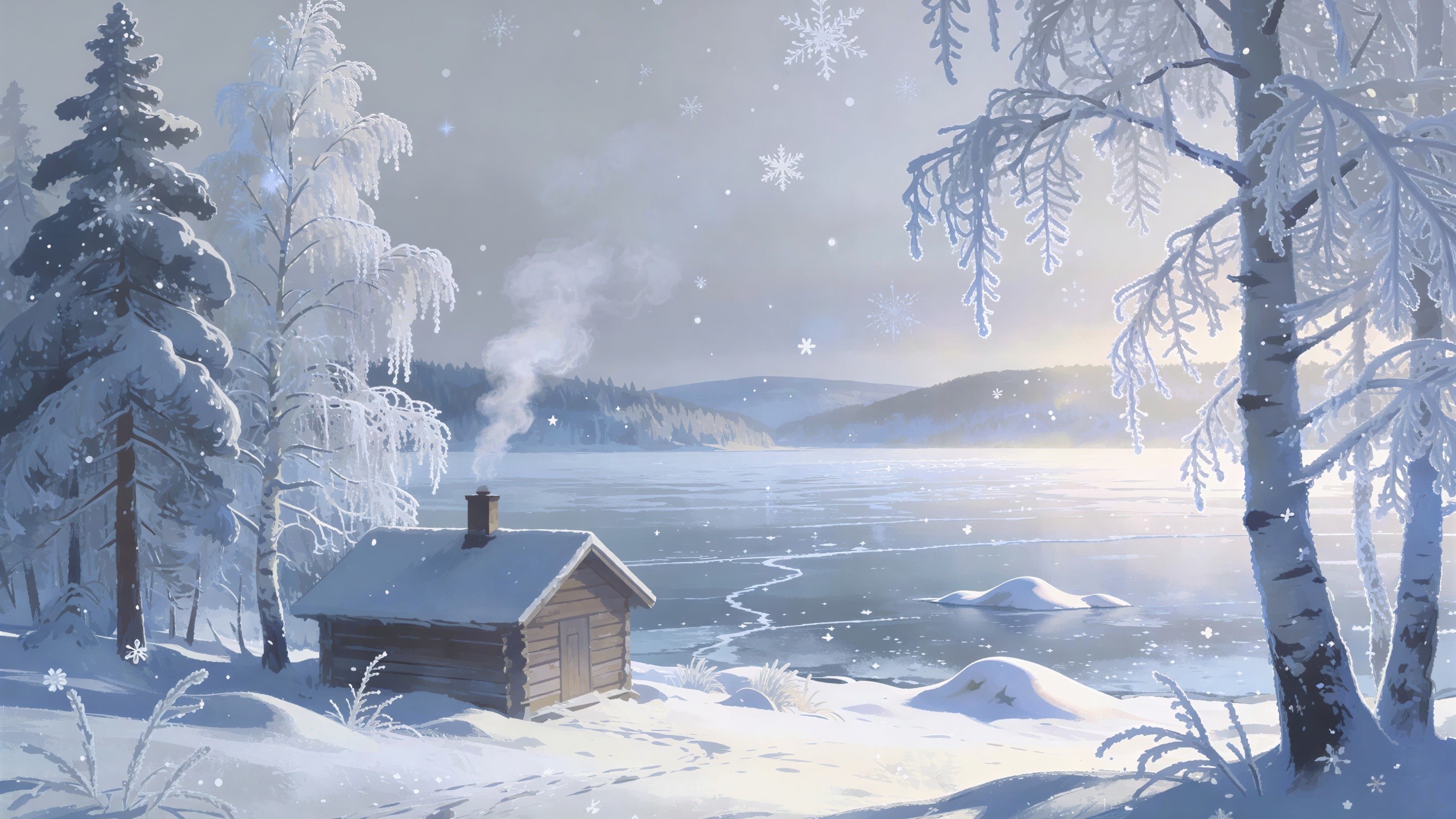 Serene Winter Landscape with Cabin and Frozen Lake