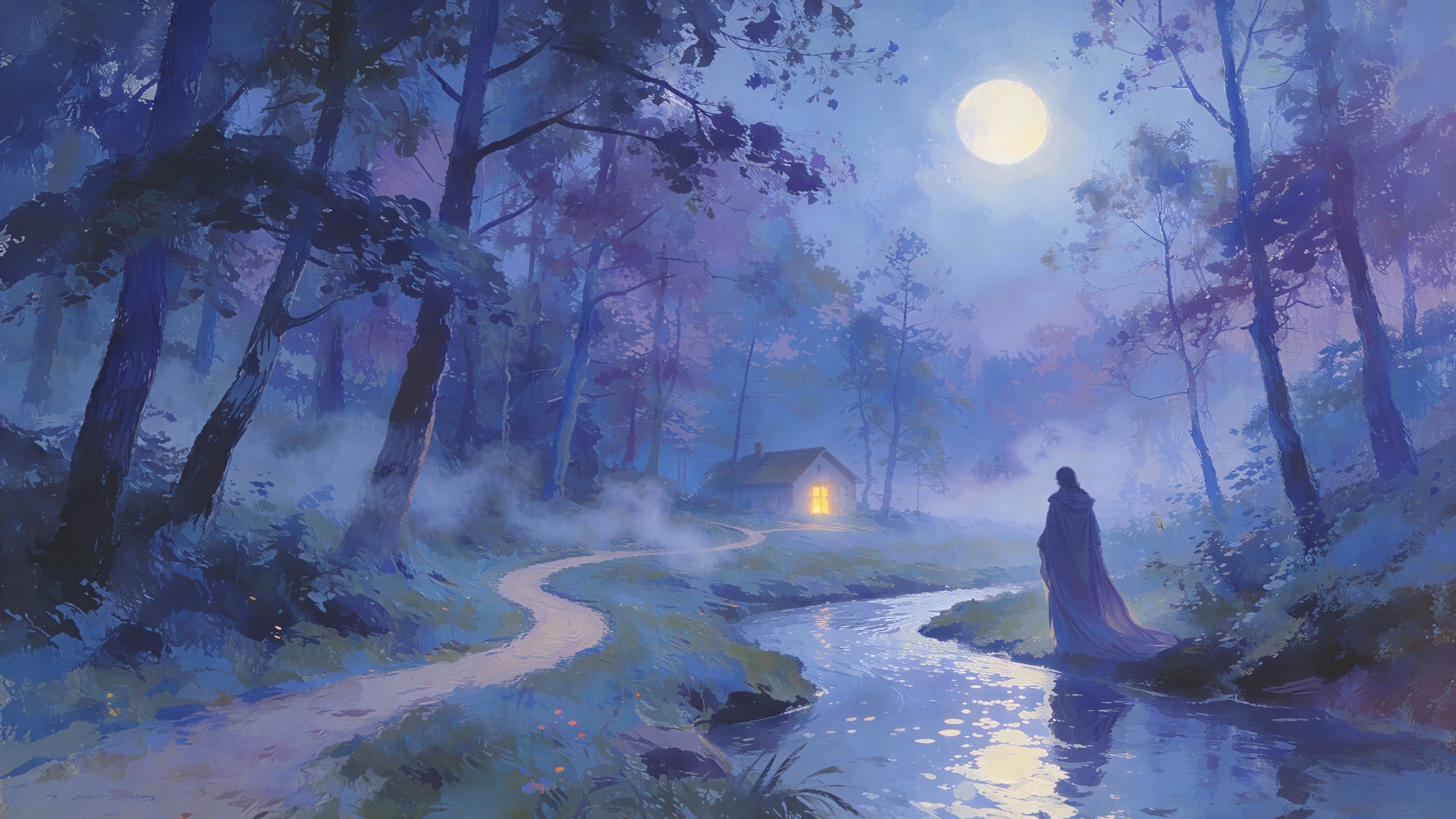 Enchanted Moonlit Forest with Cozy Cabin and River