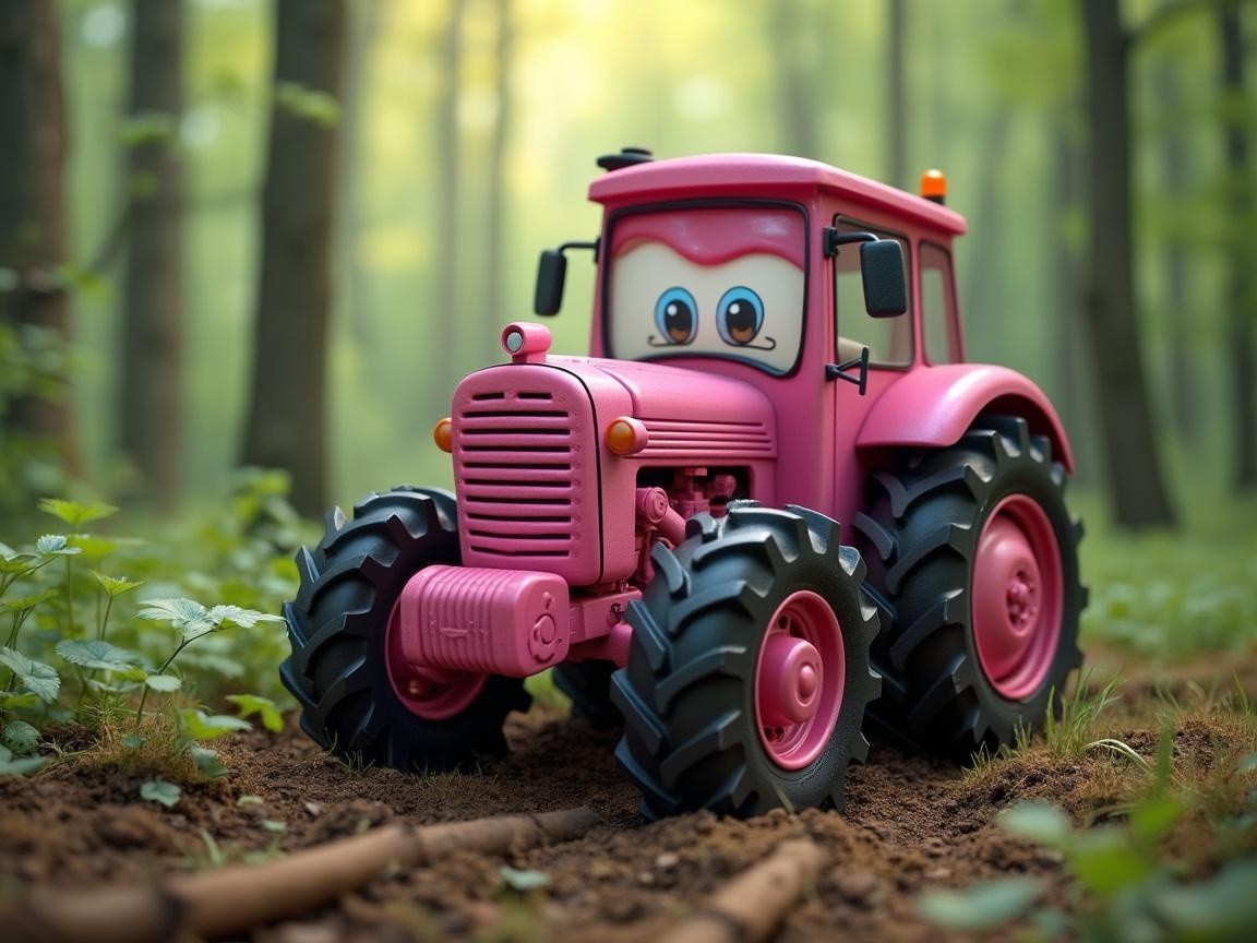 Bright Pink Cartoon Tractor in Lush Green Forest