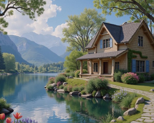 Wooden House by Tranquil Lake Surrounded by Nature
