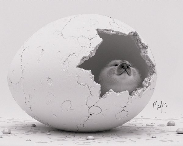 Fluffy Dog Emerging from Cracked Eggshell Scene