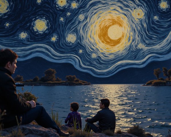 Figures by a Lake Under a Starry Sky Reflection