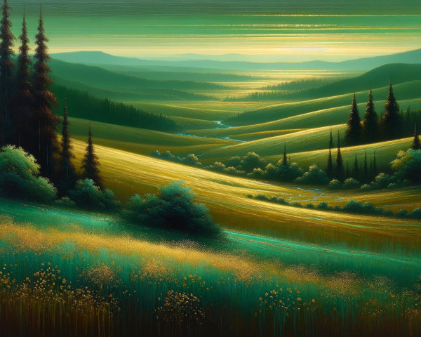 Serene Landscape of Rolling Hills and Evergreen Trees