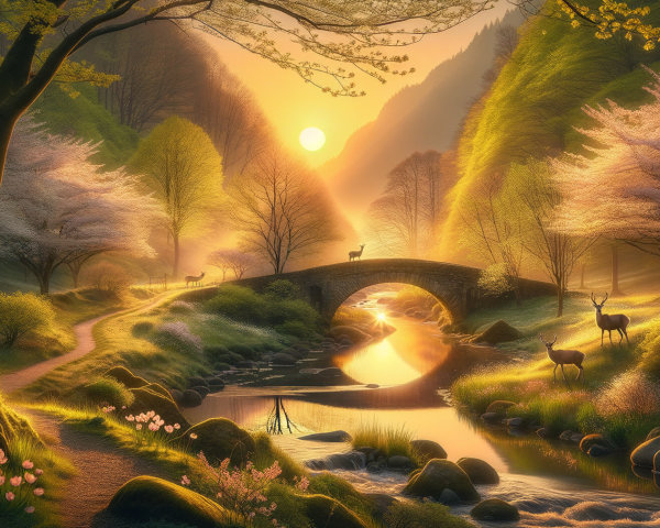 Serene Sunset Landscape with River and Cherry Blossoms