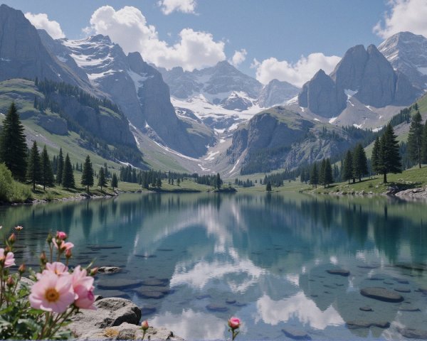 Serene Mountain Landscape with Clear Lake and Flowers