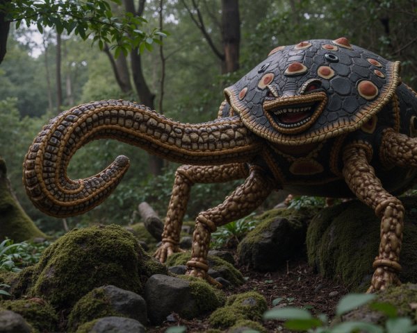 Fantastical creature with armor-like shell in forest