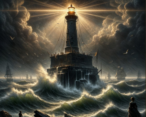 Dramatic Lighthouse Amidst Turbulent Sea and Stormy Skies