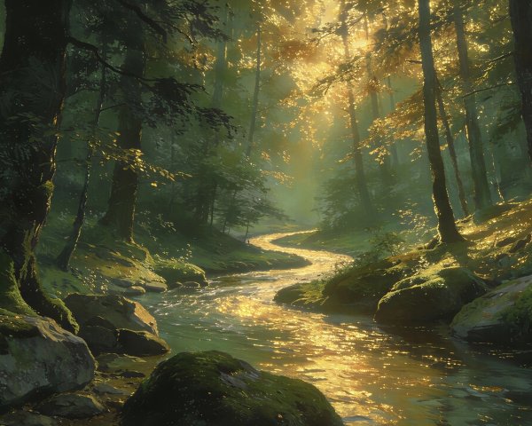 Morning Light in a Serene Forest River Scene