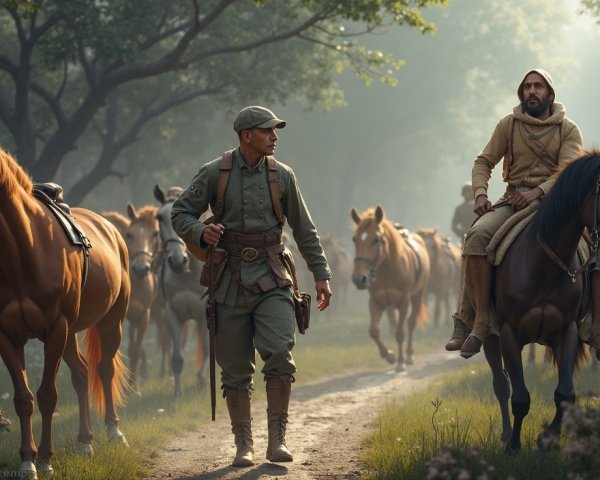 Misty Forest Scene with Soldier and Mounted Figure