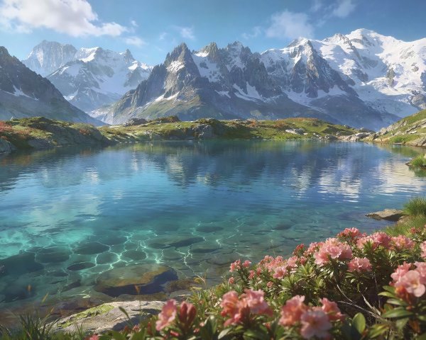 Alpine Lake Surrounded by Mountains and Flowers