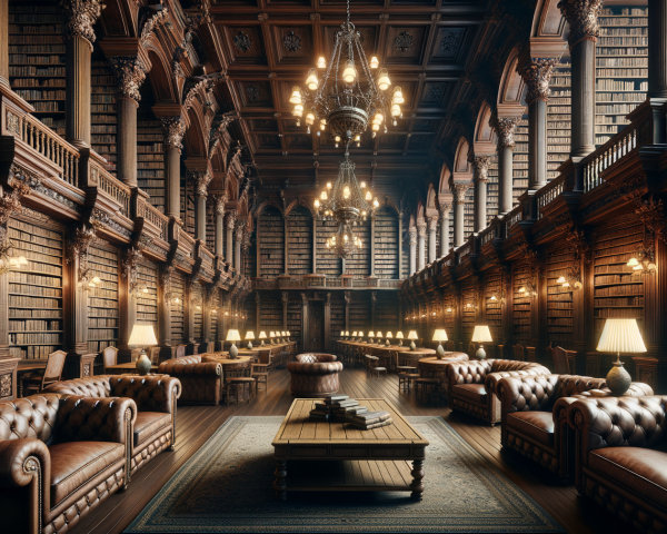 Opulent library with towering bookshelves and chandeliers