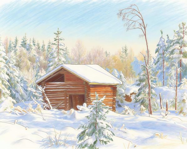 Digital Painting of a Log Cabin in a Snowy Forest