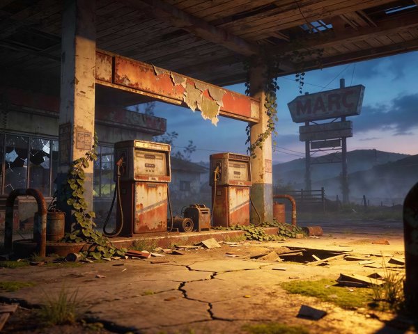 Abandoned Gas Station with Vintage Pumps and Vines