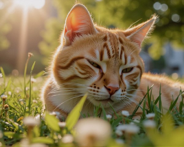 Orange Tabby Cat in Sunlit Grassy Field