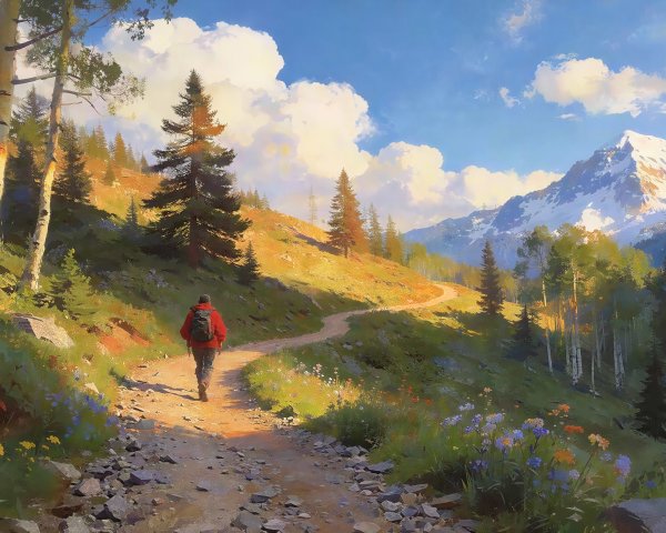 Hiker on a Dirt Path in an Aspen Forest Landscape
