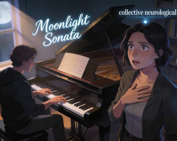 Anime Illustration of a Young Man Playing Piano by Moonlight