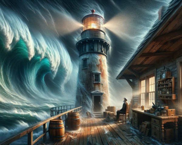 Lighthouse Resilience Amidst Towering Storm Waves