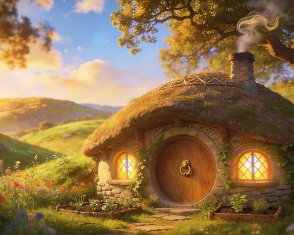 Hobbit Hole Surrounded by Lush Greenery and Flowers