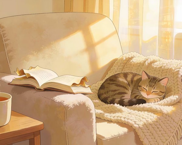 Brown Tabby Cat Napping on Knitted Blanket with Tea