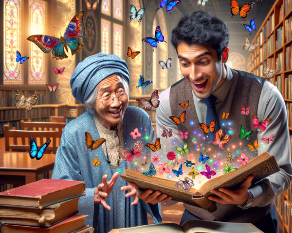Elderly Woman and Young Man in Stained Glass Library