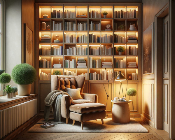 Cozy Reading Nook with Plush Armchair and Bookshelf