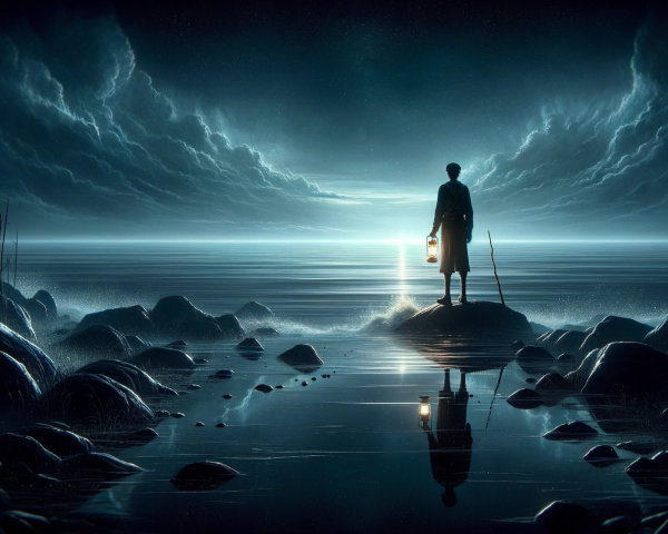Twilight Scene with Figure and Lantern by the Sea