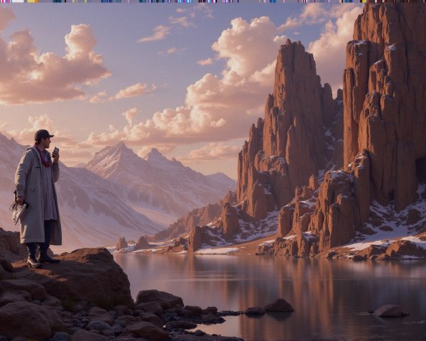 Lone Figure by Tranquil Lake with Majestic Mountains
