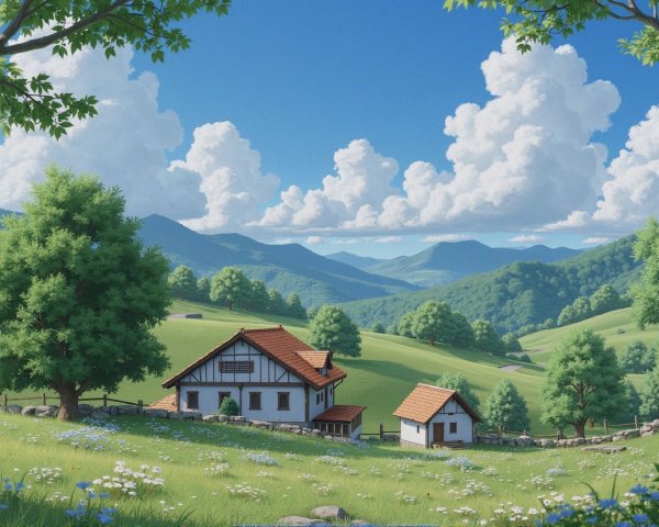 Tranquil Countryside Landscape with Houses and Hills