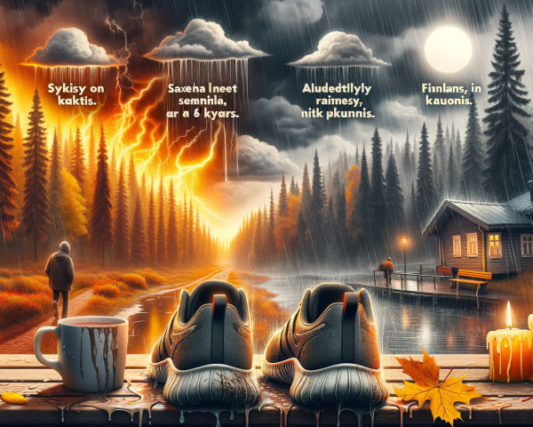 Cozy Cabin by Lake in Autumn Rainy Landscape