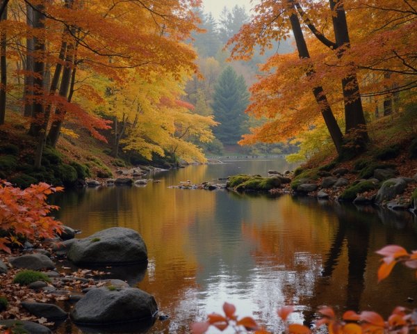 Autumn River Scene with Colorful Foliage and Mist