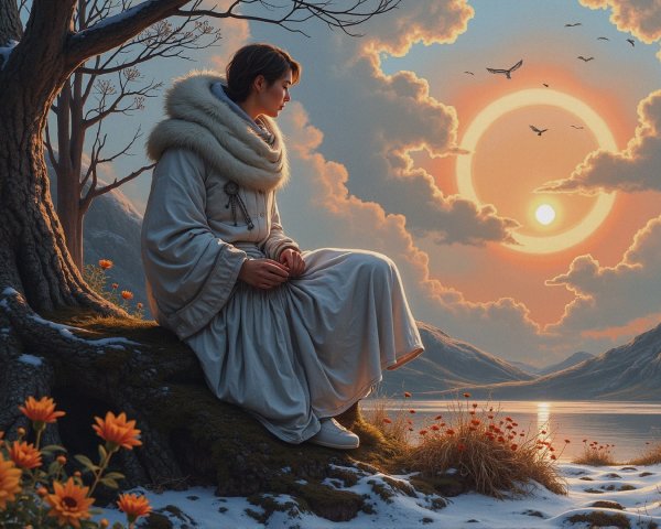 Serene landscape with figure by tranquil lake at sunset