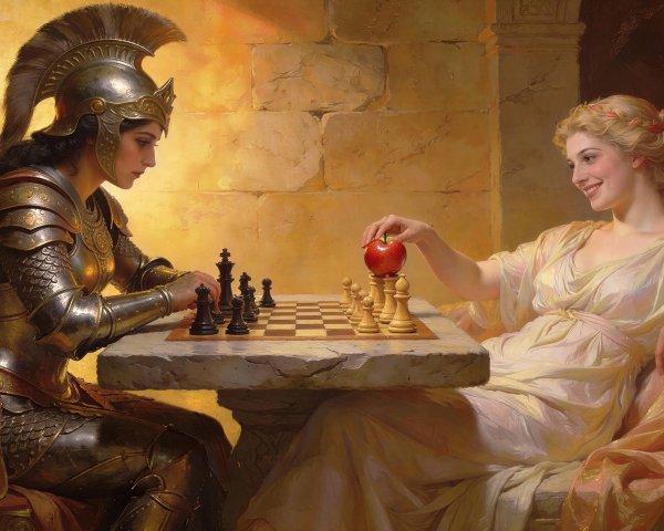 Classical Painting of Women Playing Chess in Armor