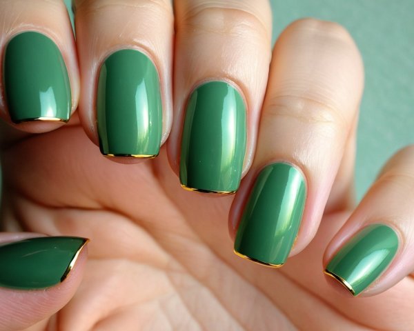 Close-Up of Stylish Green Manicured Nails with Gold Tips