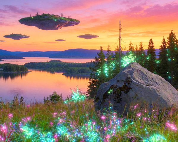 Surreal Sunset Landscape with Floating Landmasses