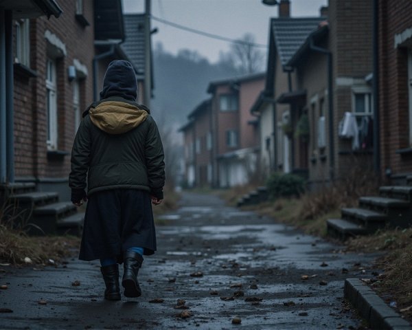 Solitary Figure on a Foggy Street with Brick Houses