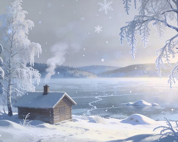 Serene Winter Landscape with Cabin and Frozen Lake
