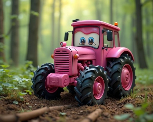 Bright Pink Cartoon Tractor in Lush Green Forest