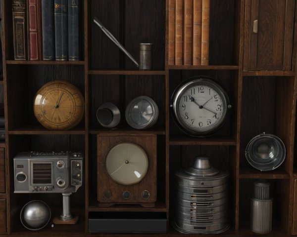 Vintage Collection on Wooden Shelf with Nostalgic Items
