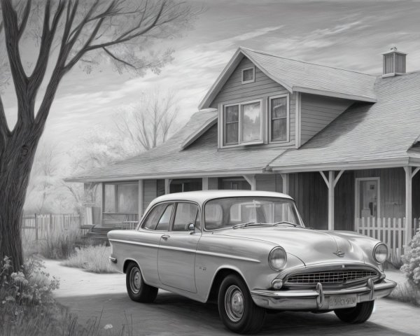 Classic Silver Car by Vintage House in Grayscale Setting