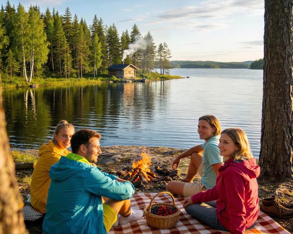 Friends by Campfire with Berries Near Lake and Cabin