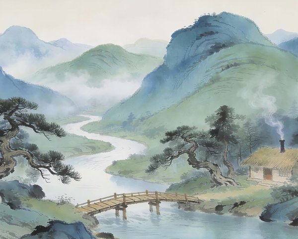 Ethereal Asian Watercolor Landscape with Misty Mountains