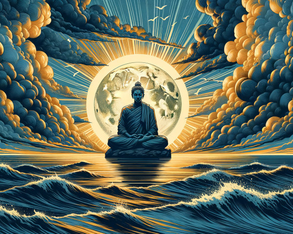 Buddha Statue on Rocky Outcrop Under Full Moon