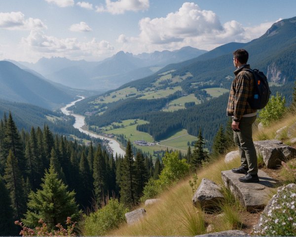 Lone Hiker Overlooks Scenic Valley and Mountains