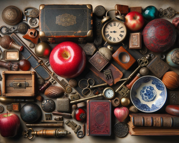 Vintage Objects and Textures with a Red Apple Centerpiece
