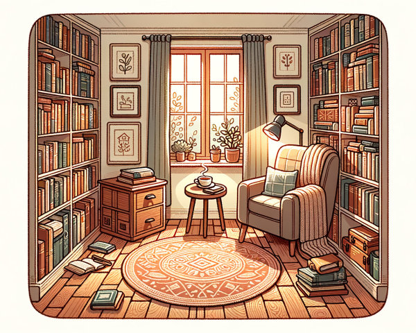 Cozy Reading Nook with Books and Warm Sunlight