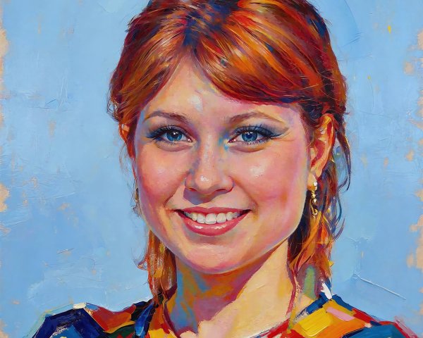 Vibrant Oil Painting of a Smiling Woman in Colorful Blouse