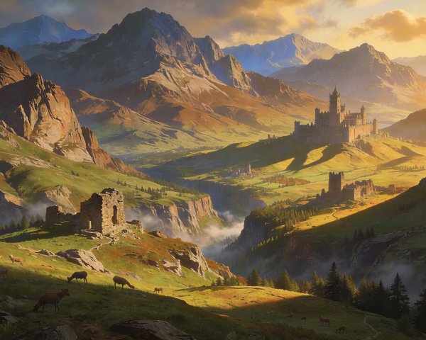 Mountain Valley Landscape with Castle at Sunset