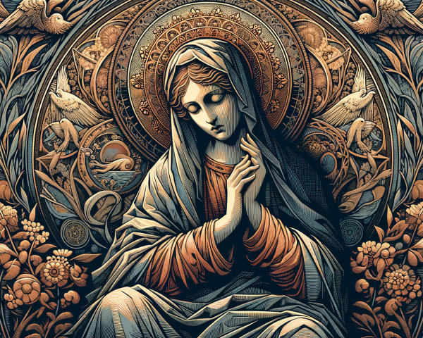Intricate depiction of a serene female figure in prayer